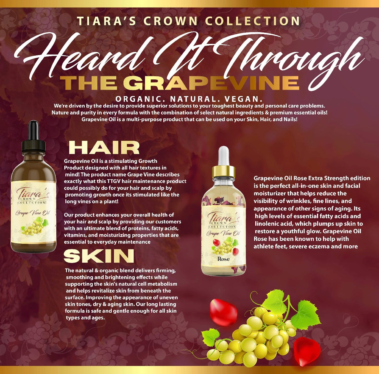 Grapevine Oil - Rose “Plant Based” Extra Strength Hair Growth and Skin Care all natural oil