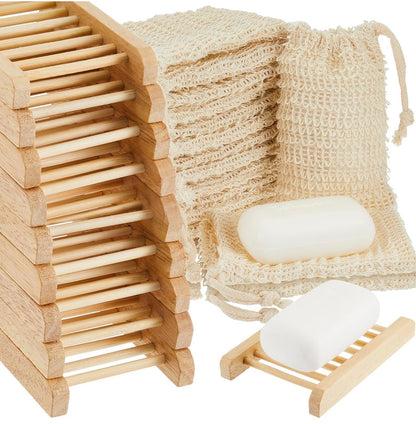 Bamboo Wood Soap Holder w/ Exfoliating Soap Bag