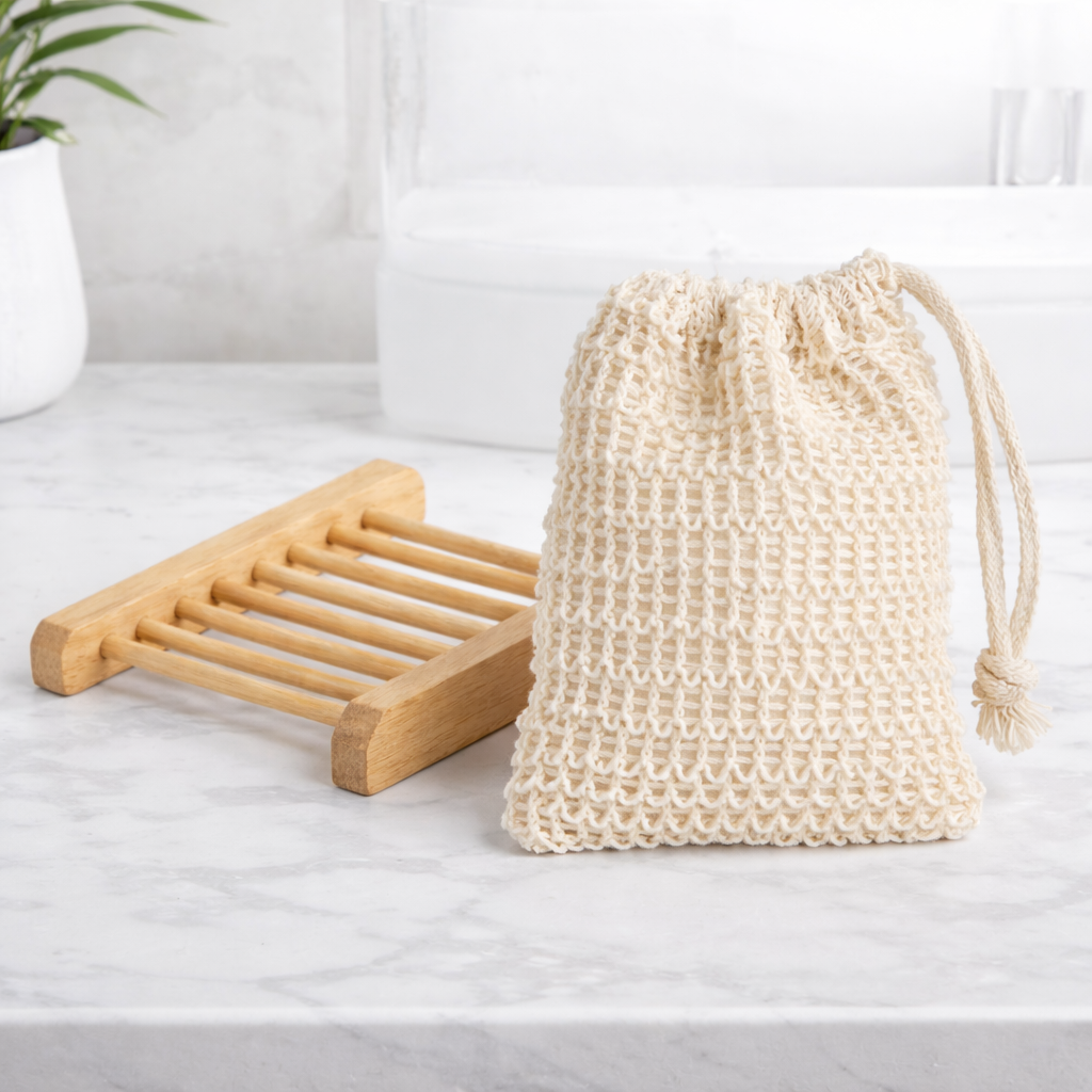 Bamboo Wood Soap Holder w/ Exfoliating Soap Bag