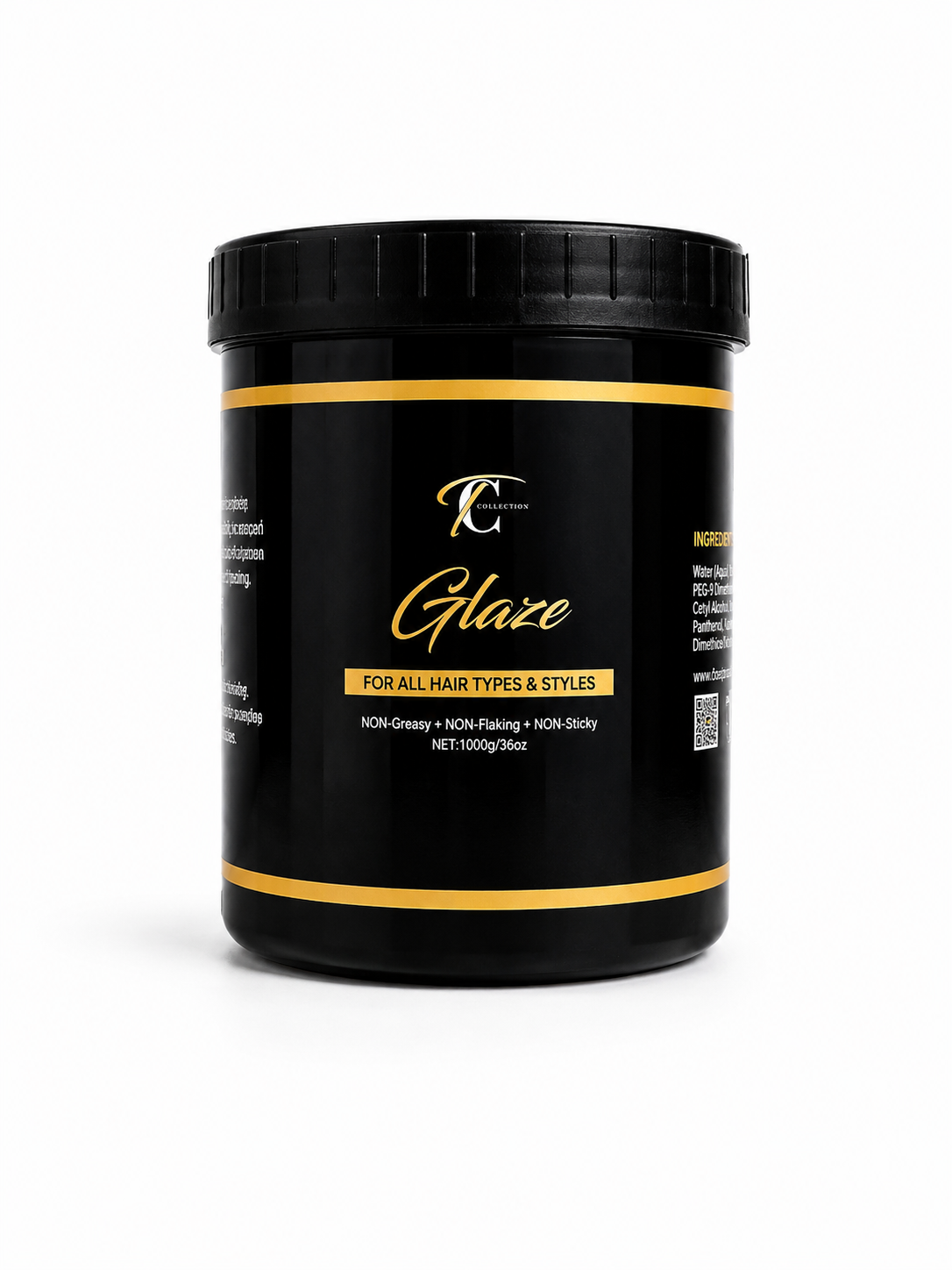 Black container with gold accents labeled 'Glaze' on a white background