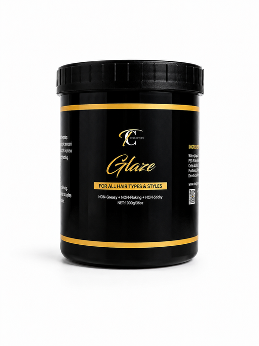Black container with gold accents labeled 'Glaze' on a white background