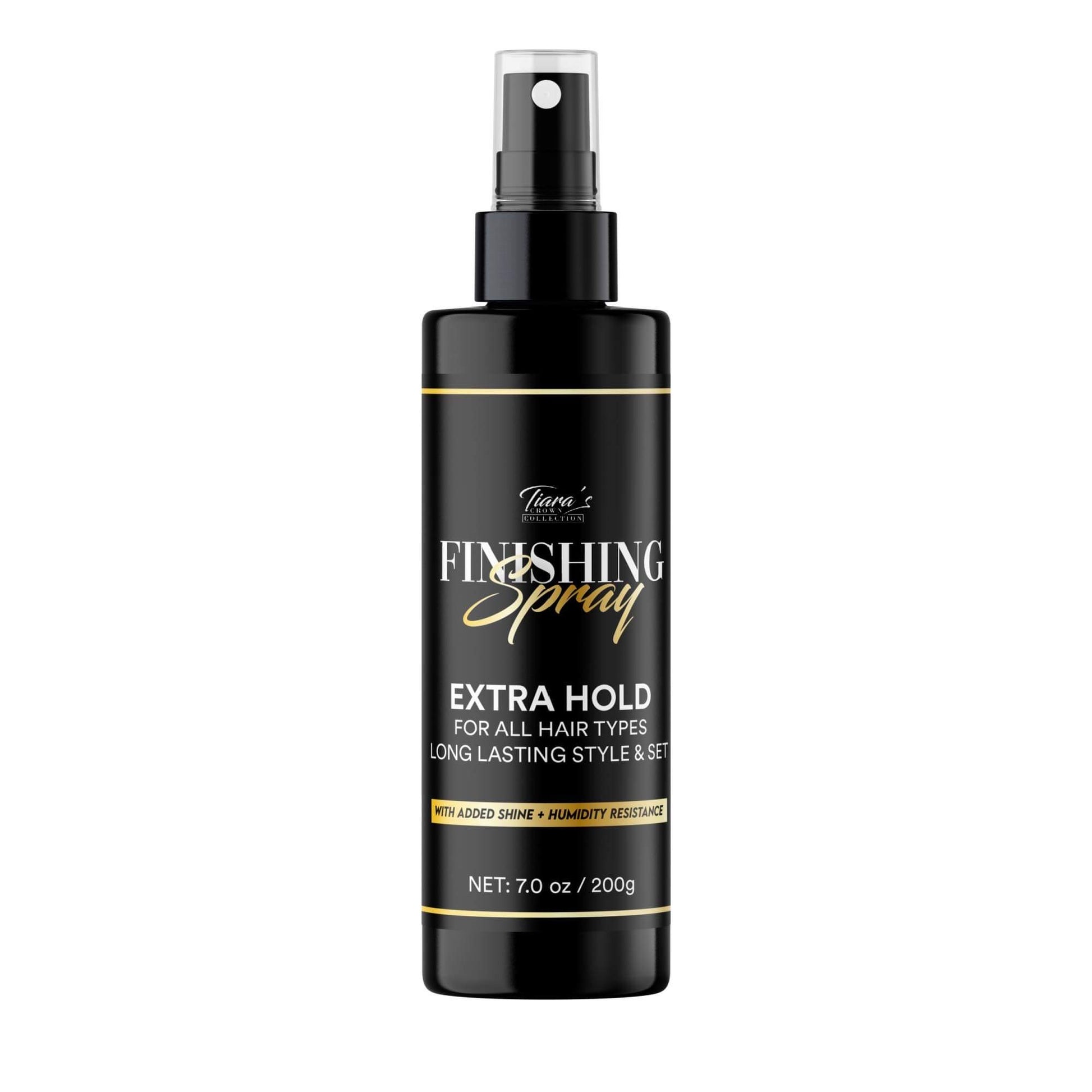 A black spray bottle with white and gold text labeled 'Finishing Spray Extra Hold' designed for hairstyling.